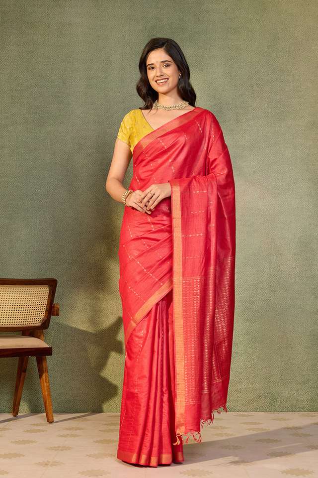 Dark Pink Chattisgarh Woven Pure Tussar Silk Saree thumbnail image number null