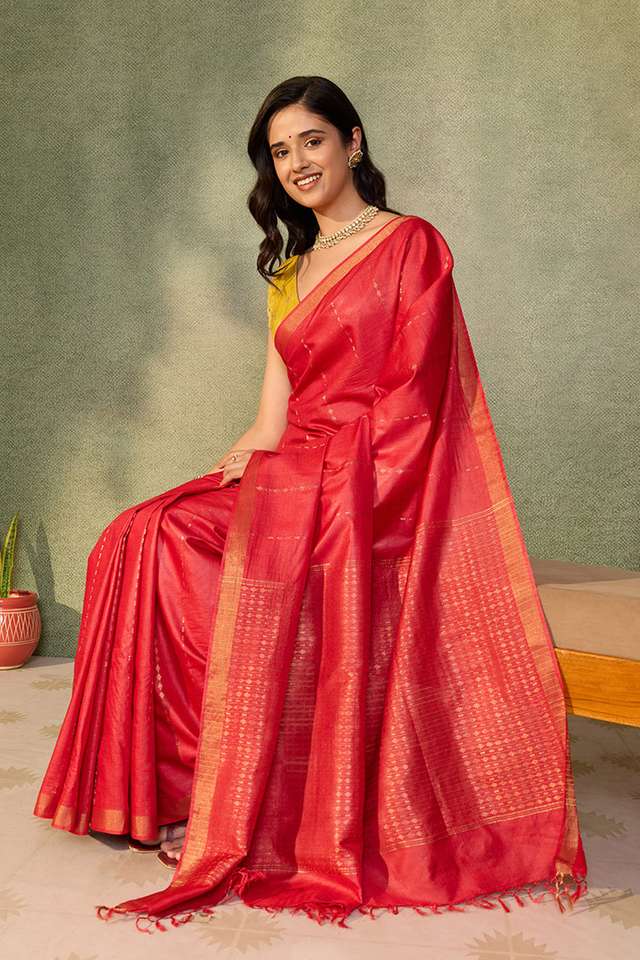 Dark Pink Chattisgarh Woven Pure Tussar Silk Saree thumbnail image number null