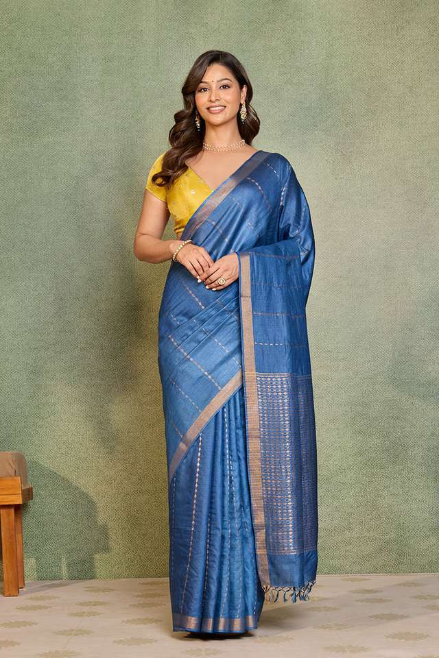 Dark Blue Chattisgarh Woven Pure Tussar Silk Saree image number