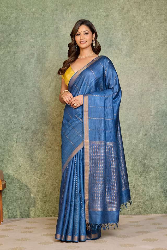 Dark Blue Chattisgarh Woven Pure Tussar Silk Saree thumbnail image number null
