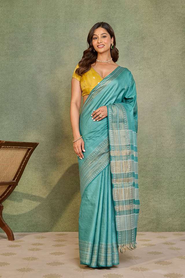 Light Blue Chattisgarh Woven Pure Tussar Silk Saree thumbnail image number null