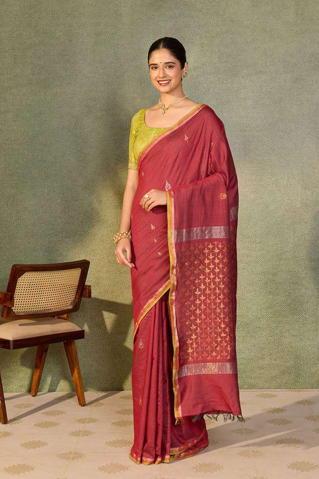 Dark Red Chattisgarh Woven Pure Tussar Silk Saree thumbnail image number null