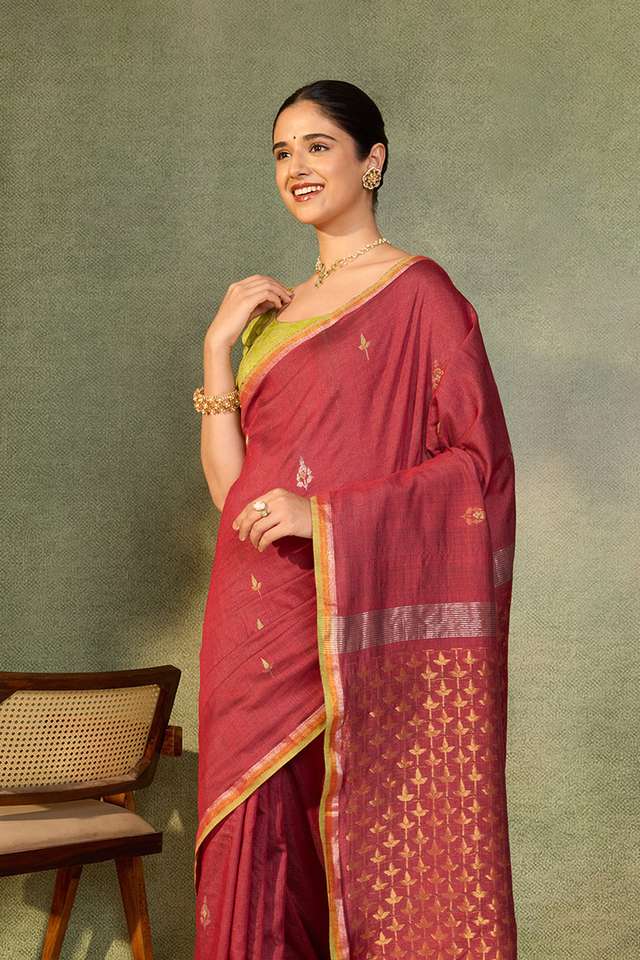 Dark Red Chattisgarh Woven Pure Tussar Silk Saree thumbnail image number null