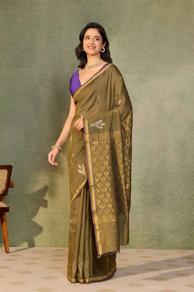 Dark Green Chattisgarh Woven Pure Tussar Silk Saree image number
