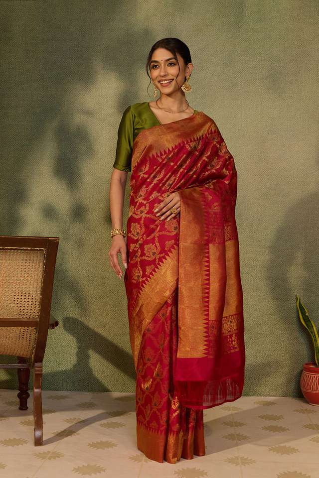 Dark Red Brocade Kanjivaram Pure Silk Saree thumbnail image number null