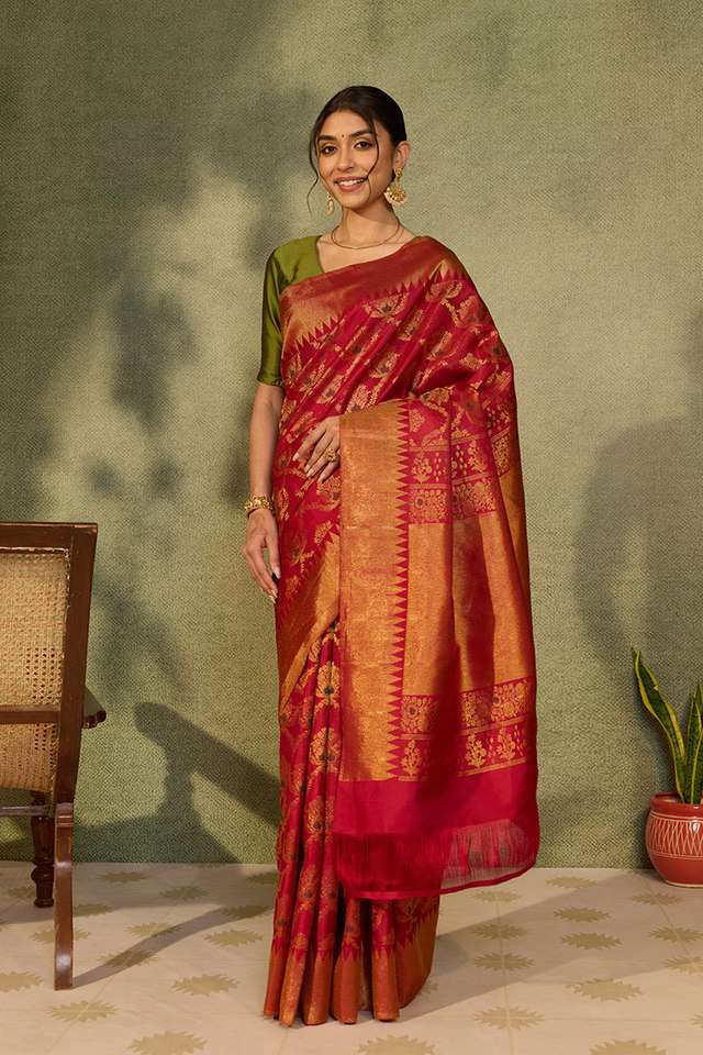 Dark Red Brocade Kanjivaram Pure Silk Saree thumbnail image number null