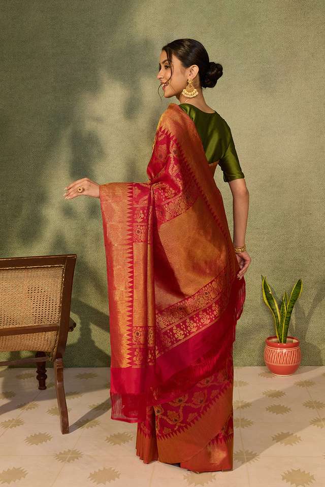 Dark Red Brocade Kanjivaram Pure Silk Saree thumbnail image number null