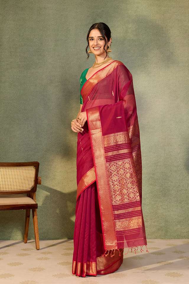 Pink Woven Pure Silk Cotton Maheshwari Saree thumbnail image number null