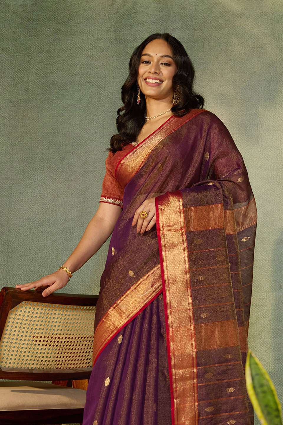 Purple Woven Pure Tissue Cotton Maheshwari Saree