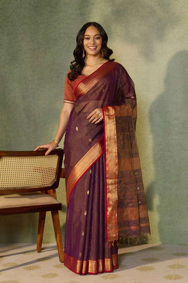 Purple Woven Pure Tissue Cotton Maheshwari Saree thumbnail image number null