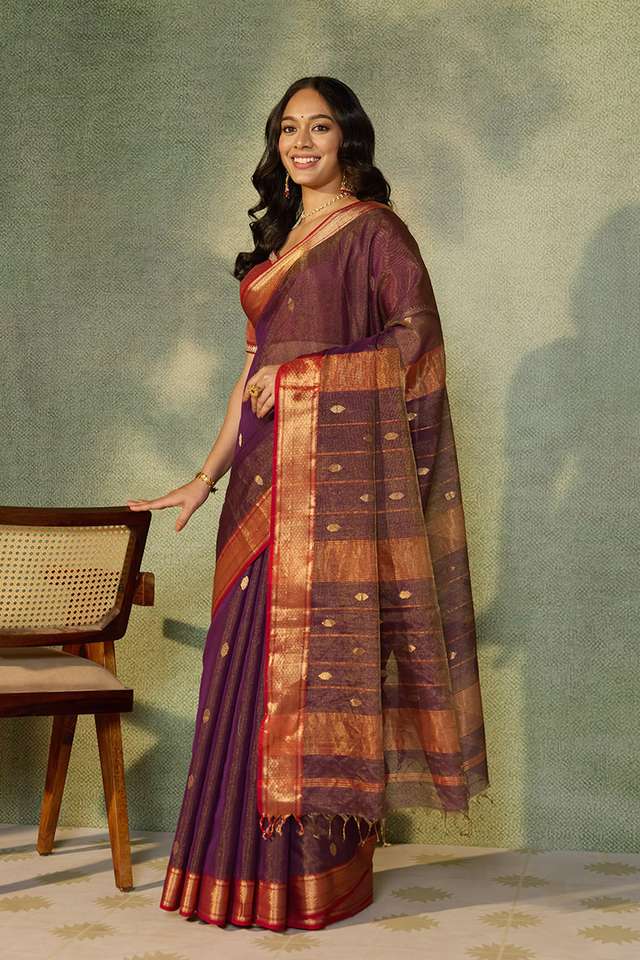 Purple Woven Pure Tissue Cotton Maheshwari Saree thumbnail image number null