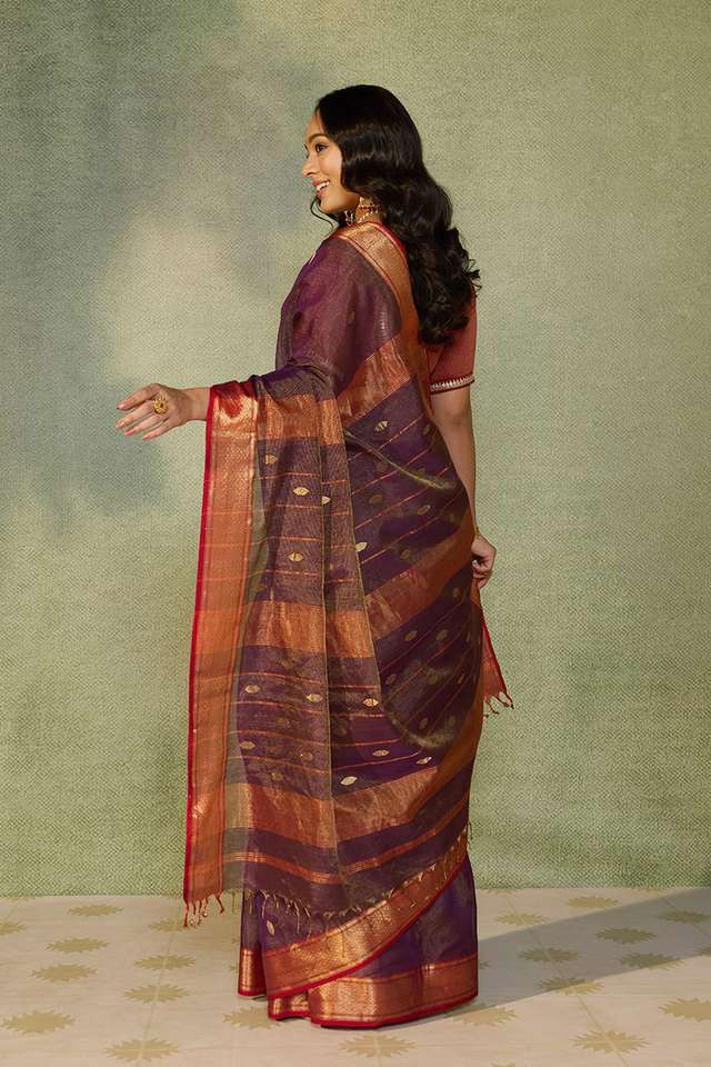Purple Woven Pure Tissue Cotton Maheshwari Saree thumbnail image number null