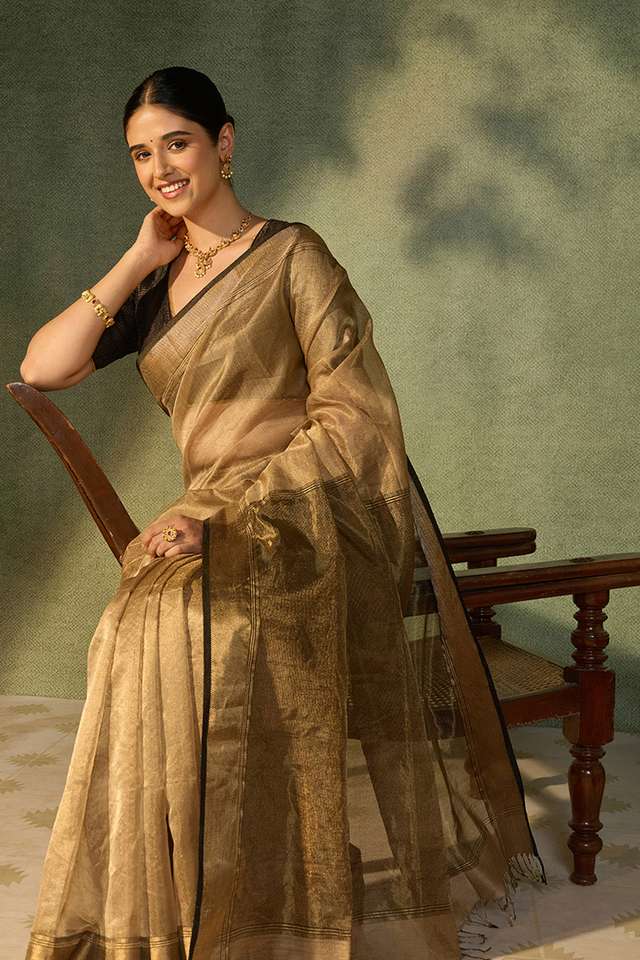 Gold Beige Woven Pure Tissue Cotton Maheshwari Saree image number