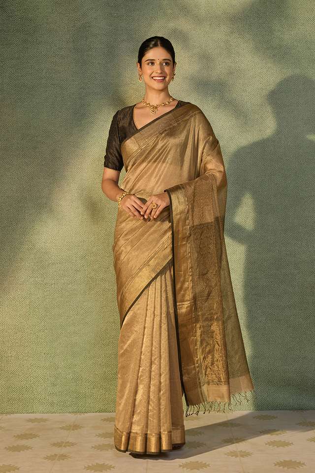 Gold Beige Woven Pure Tissue Cotton Maheshwari Saree thumbnail image number null