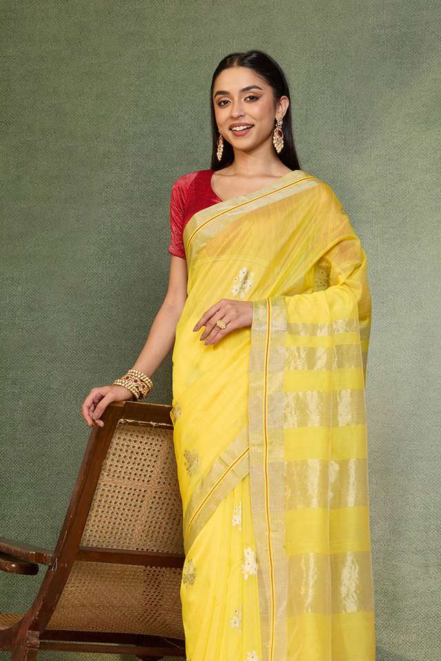 Yellow Woven Pure Silk Cotton Chanderi Saree image number