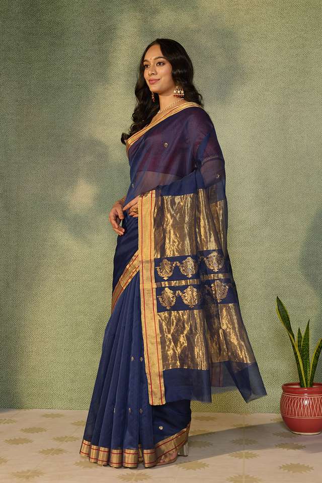 Dark Blue Woven Pure Silk Cotton Chanderi Saree thumbnail image number null
