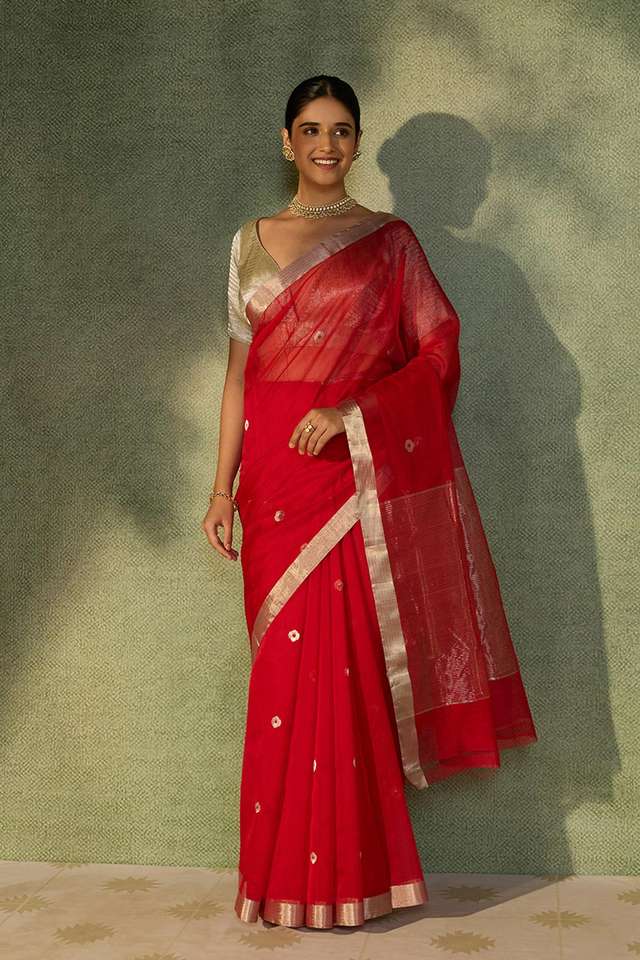 Red Woven Pure Silk Cotton Chanderi Saree thumbnail image number null