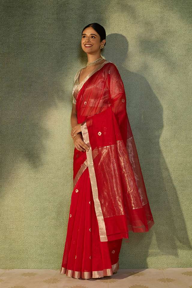 Red Woven Pure Silk Cotton Chanderi Saree thumbnail image number null
