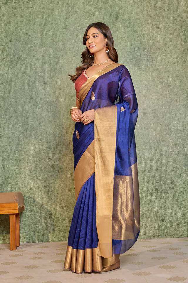 Dark Blue Eknaliya Pure Silk Chanderi Saree thumbnail image number null