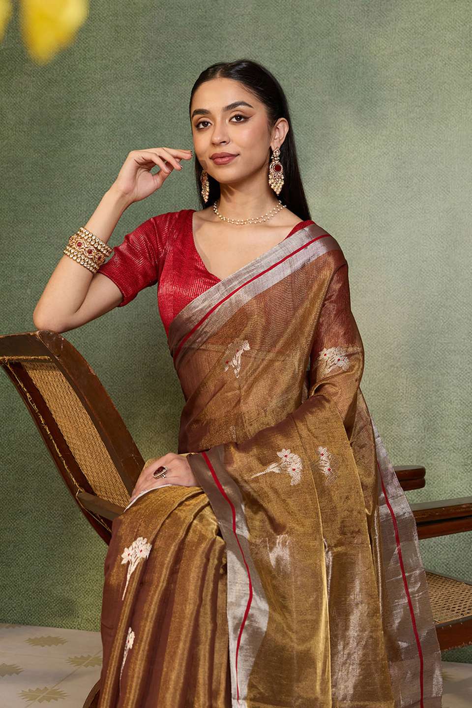 Brown Woven Pure Tissue Cotton Chanderi Saree