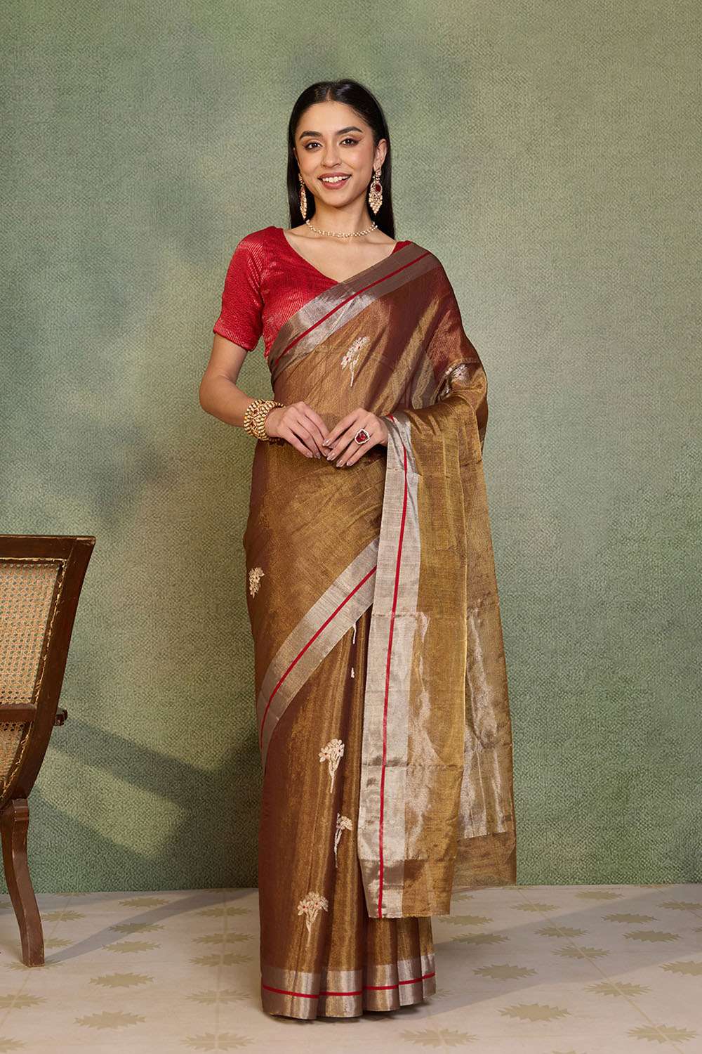 Brown Woven Pure Tissue Cotton Chanderi Saree image number null