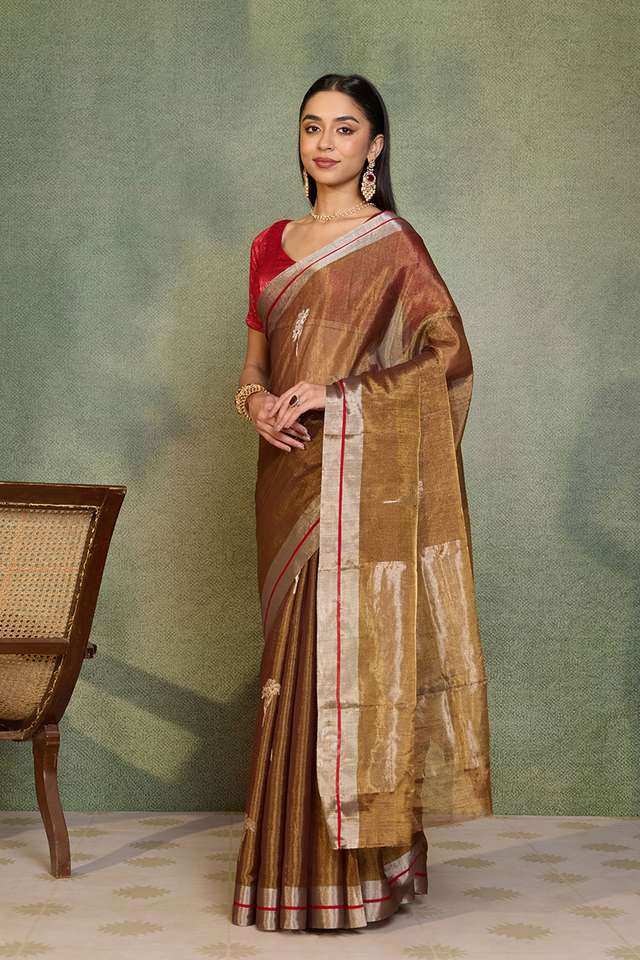 Brown Woven Pure Tissue Cotton Chanderi Saree thumbnail image number null