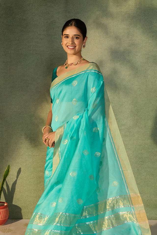 Light Blue Woven Pure Silk Cotton Chanderi Saree image number