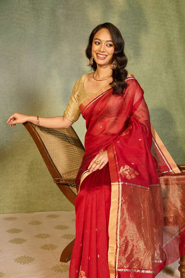 Red Woven Pure Silk Cotton Chanderi Saree image number