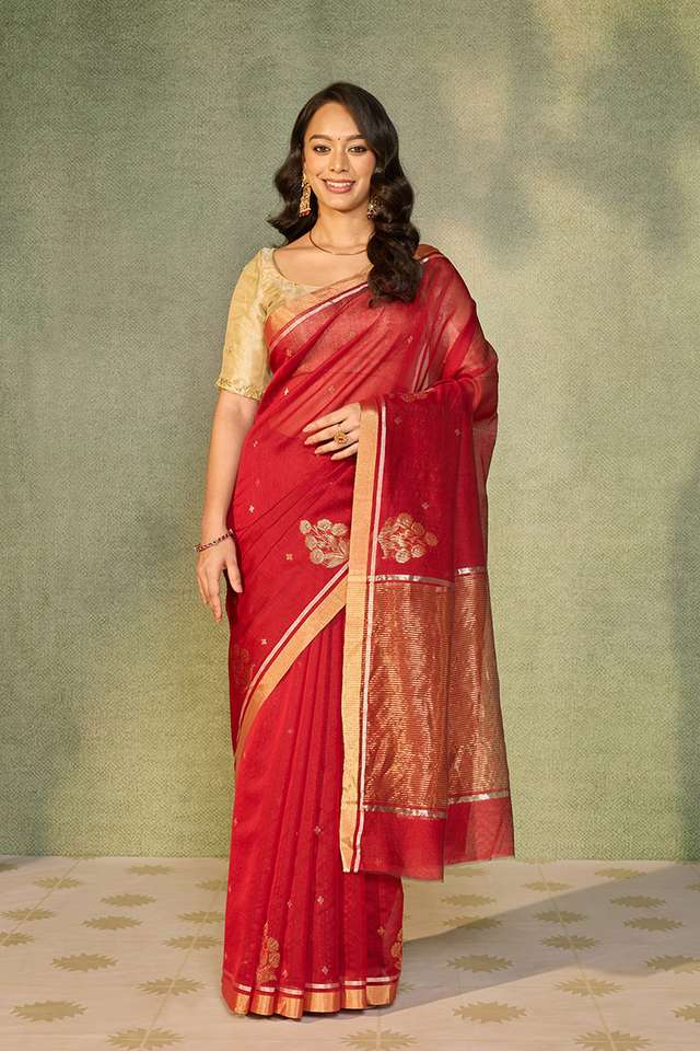 Red Woven Pure Silk Cotton Chanderi Saree thumbnail image number null