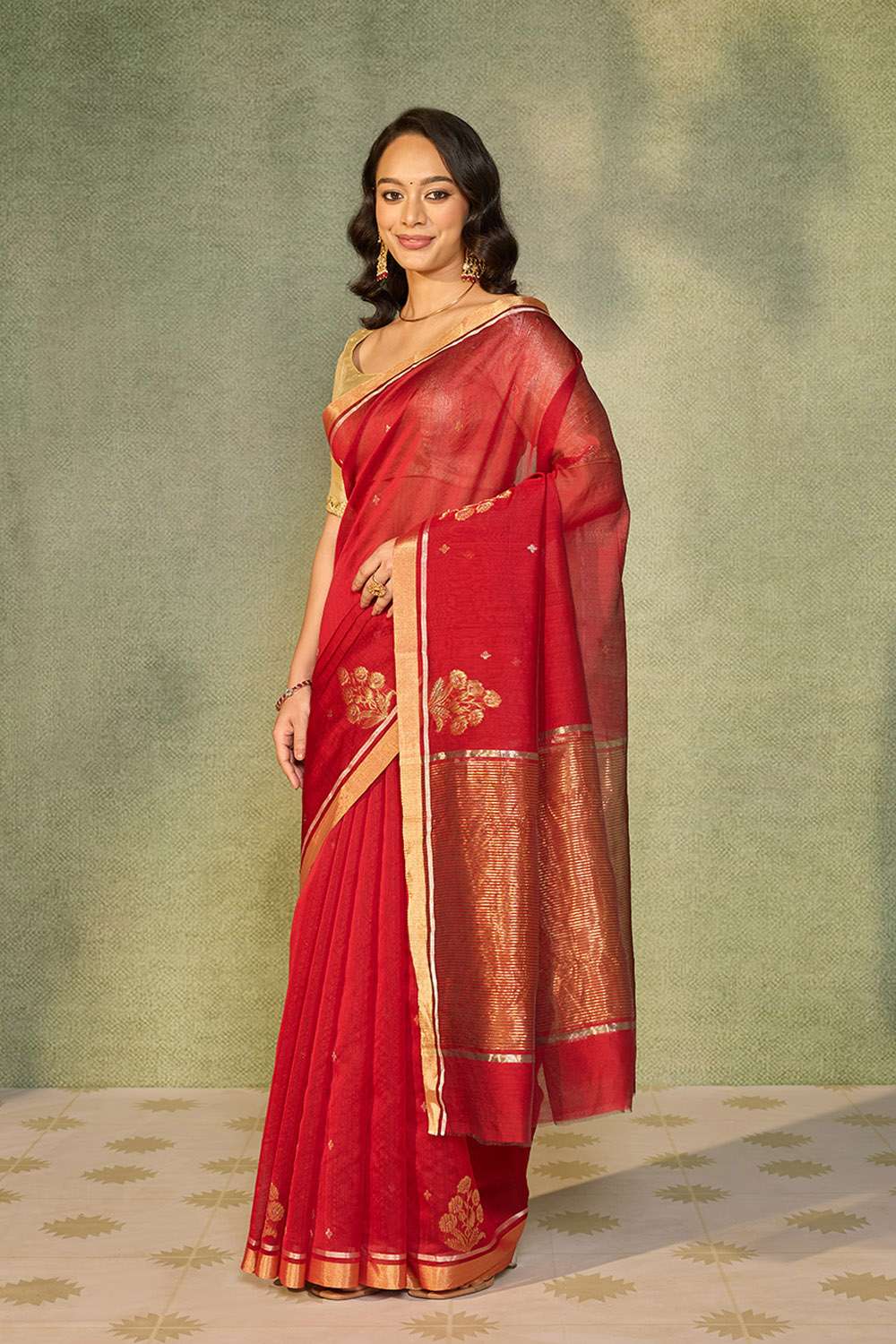 Red Woven Pure Silk Cotton Chanderi Saree image number null