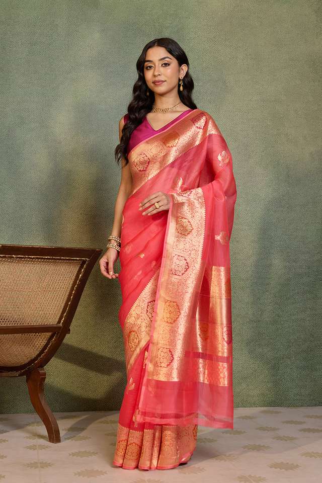 Light Pink Pure Silk Organza Kadwa Banarasi Saree thumbnail image number null