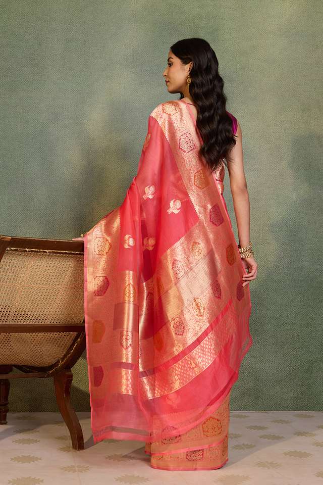 Light Pink Pure Silk Organza Kadwa Banarasi Saree thumbnail image number null