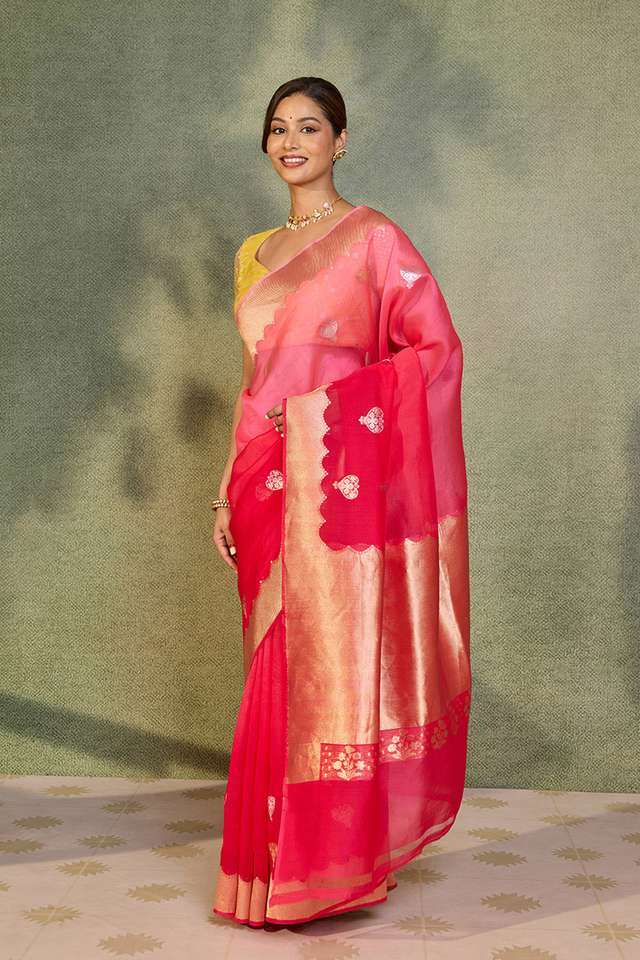 Pink Pure Silk Organza Kadwa Banarasi Saree thumbnail image number null
