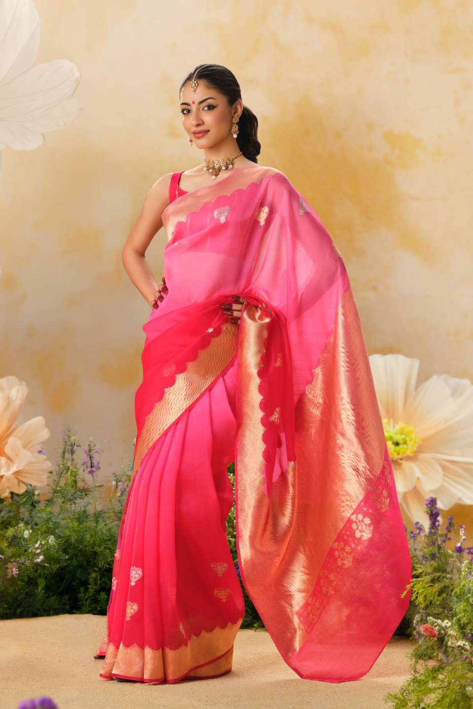 Pink Pure Silk Organza Kadwa Banarasi Saree