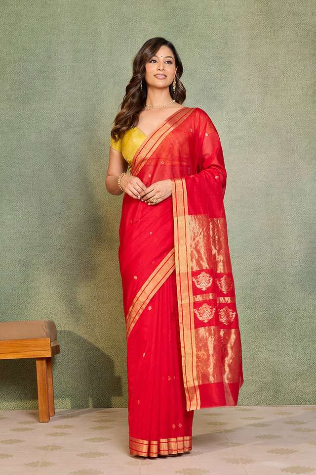 Red Woven Pure Silk Cotton Chanderi Saree image number