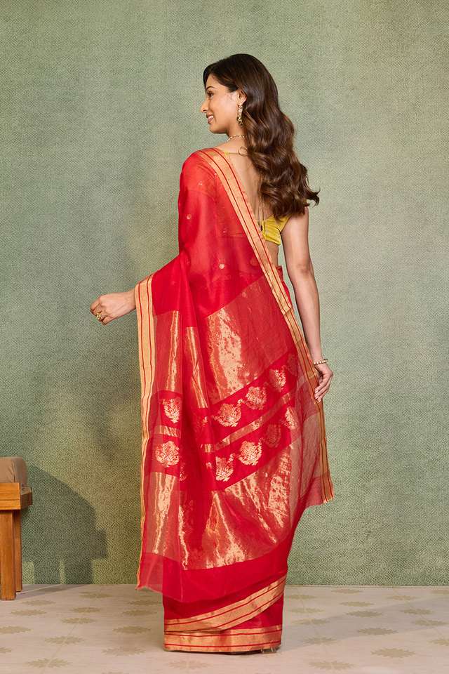 Red Woven Pure Silk Cotton Chanderi Saree thumbnail image number null