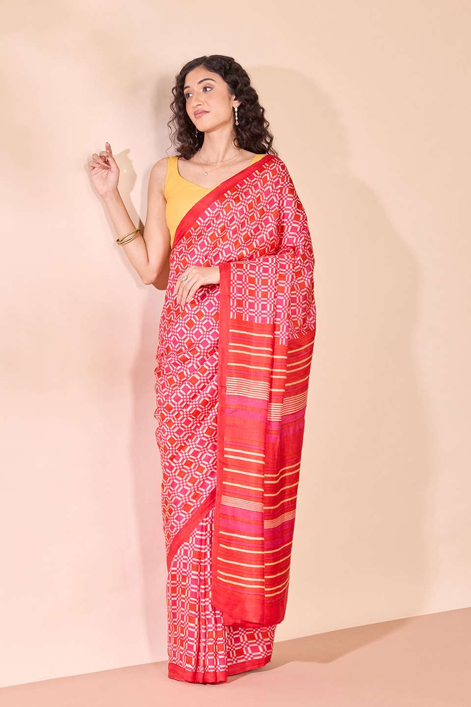 Pink Pure Silk Block Printed Bengal Saree