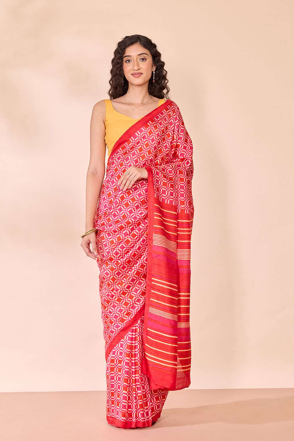 Pink Pure Silk Block Printed Bengal Saree image number null