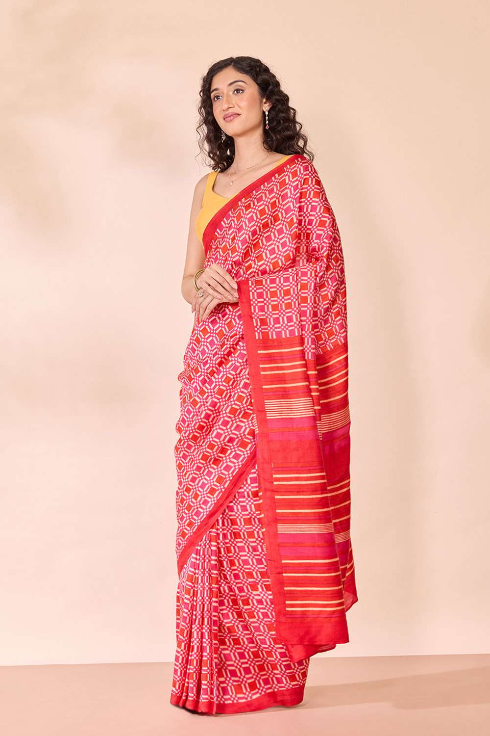 Pink Pure Silk Block Printed Bengal Saree image number null
