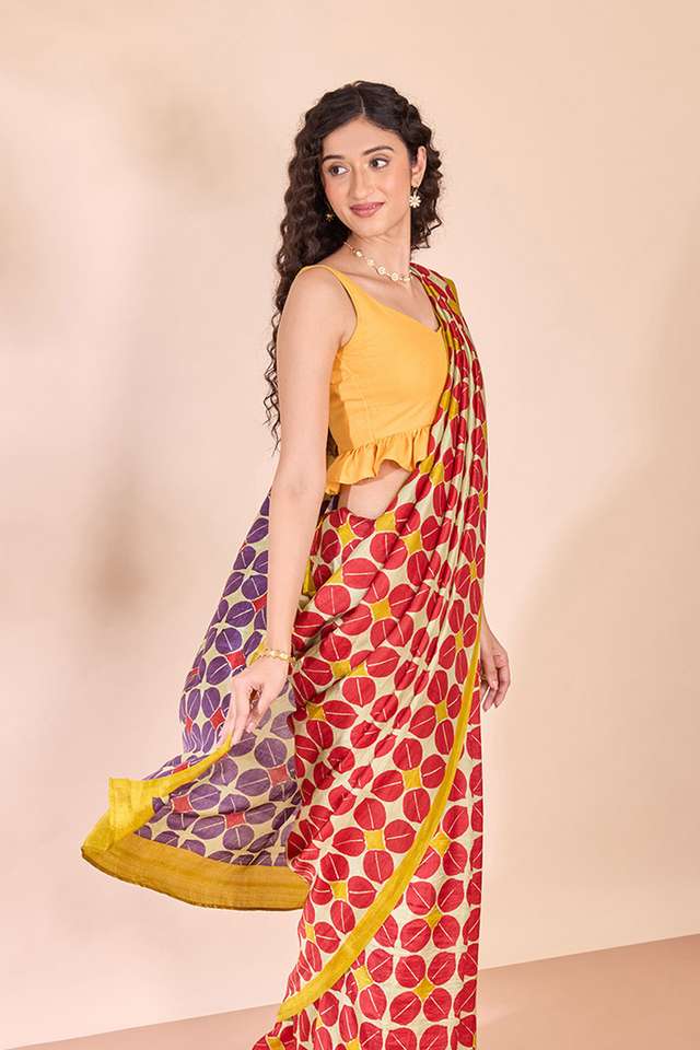 Light Green Pure Silk Block Printed Bengal Saree image number