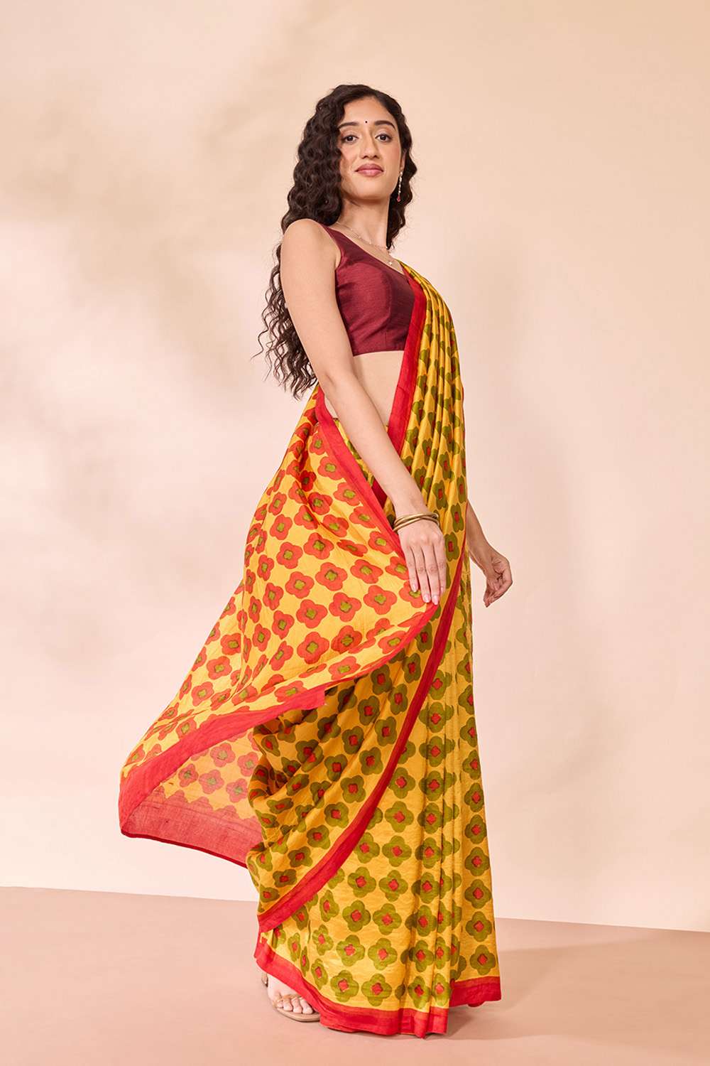 Yellow Pure Silk Block Printed Bengal Saree image number null