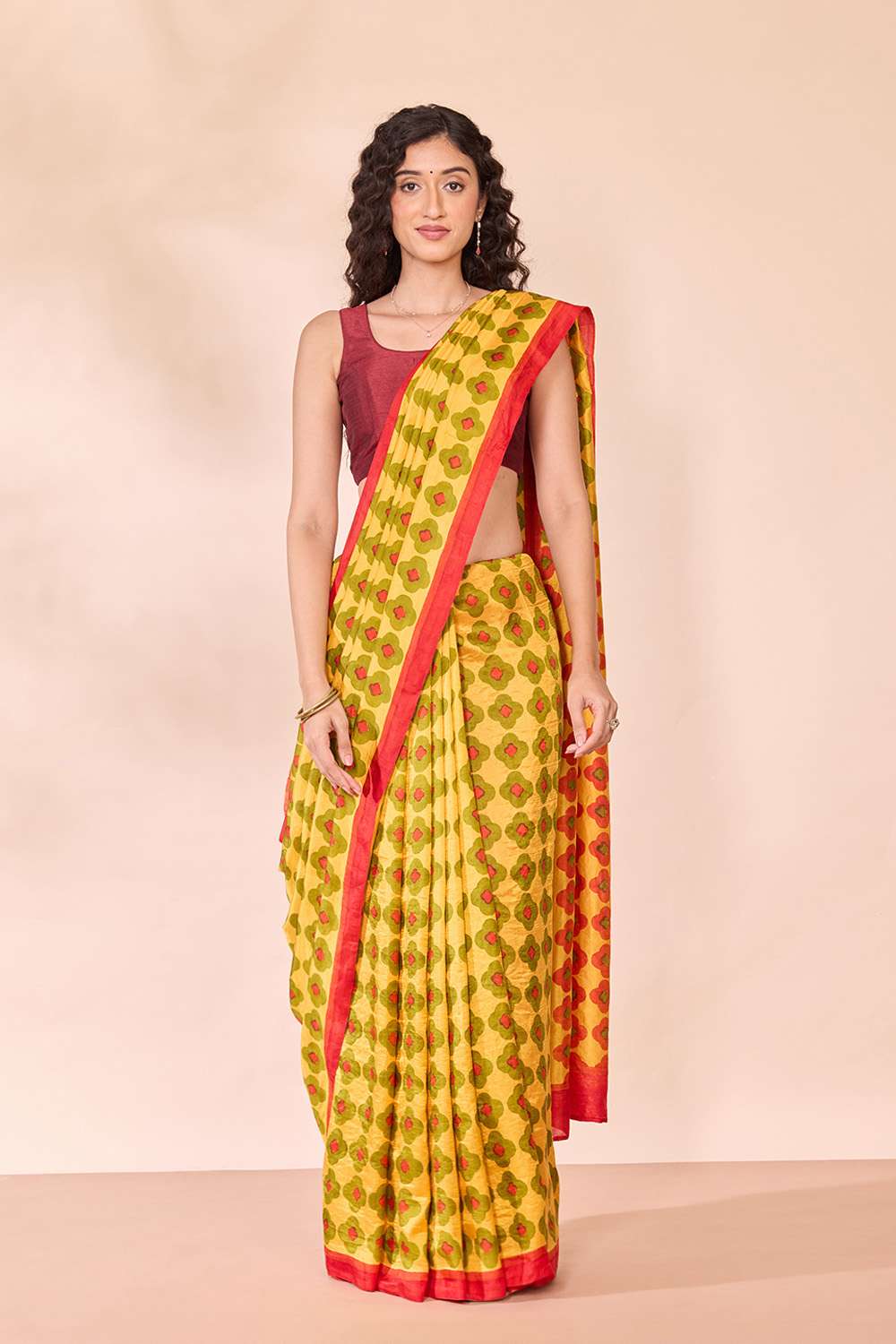 Yellow Pure Silk Block Printed Bengal Saree image number null