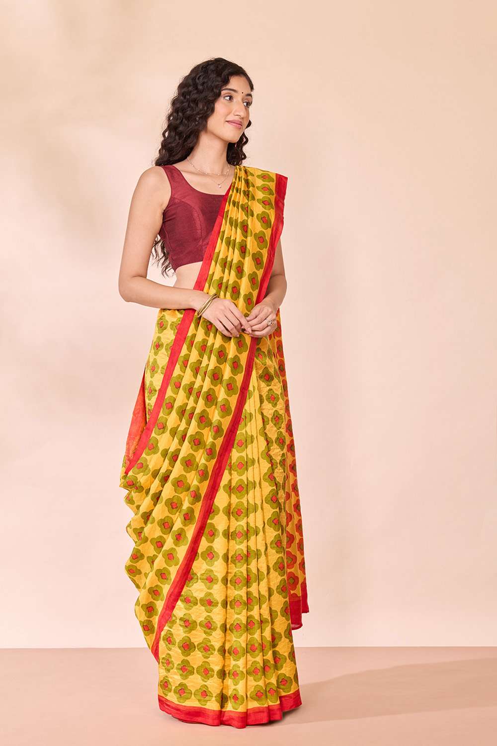 Yellow Pure Silk Block Printed Bengal Saree image number null