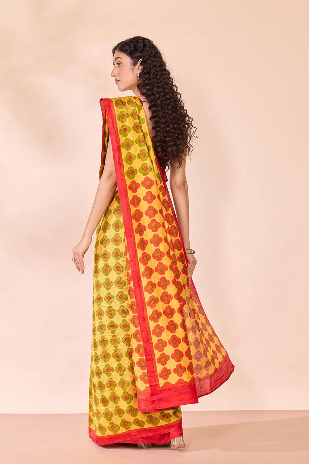 Yellow Pure Silk Block Printed Bengal Saree image number null
