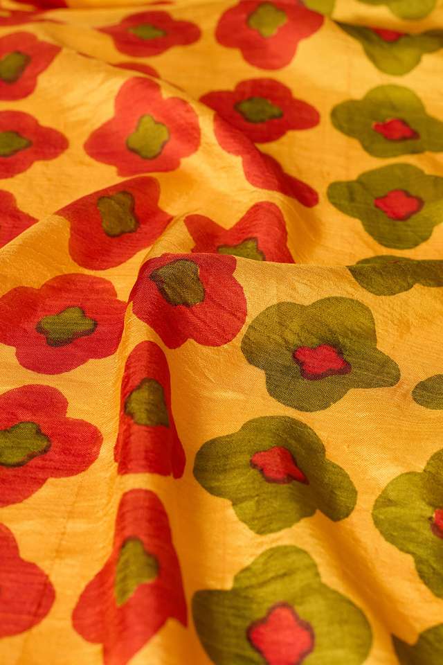 Yellow Pure Silk Block Printed Bengal Saree thumbnail image number null