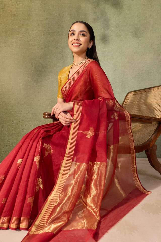 Dark Red Chanderi Woven Pure Silk Cotton Saree image number