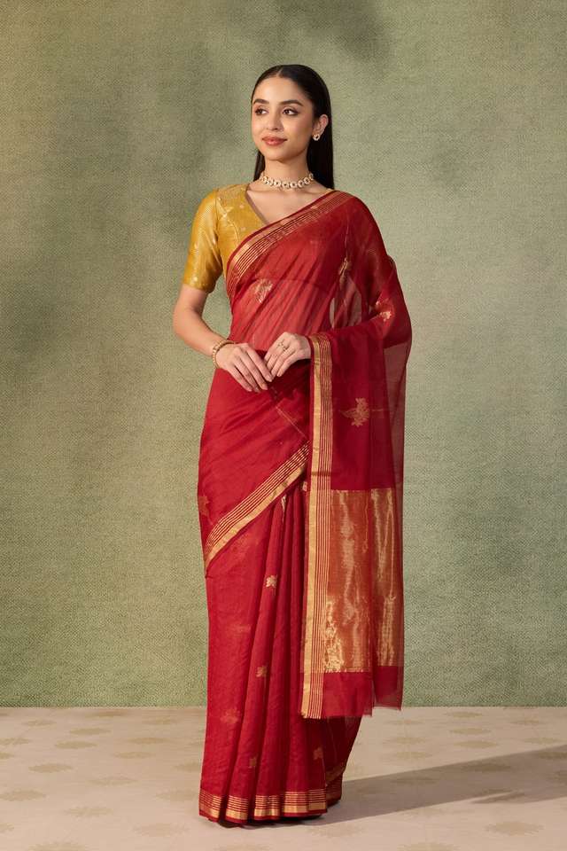 Dark Red Chanderi Woven Pure Silk Cotton Saree thumbnail image number null