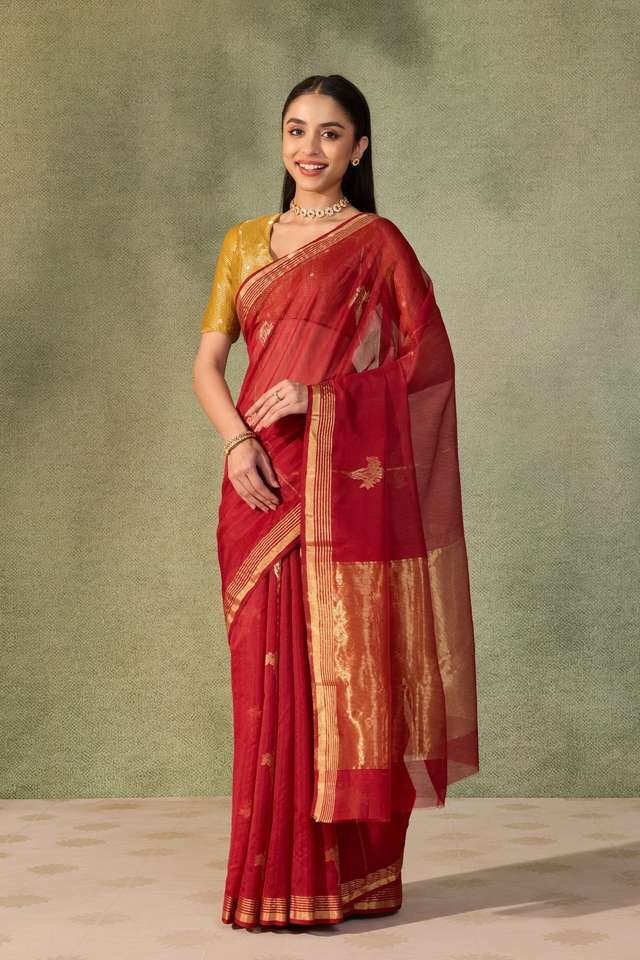 Dark Red Chanderi Woven Pure Silk Cotton Saree thumbnail image number null