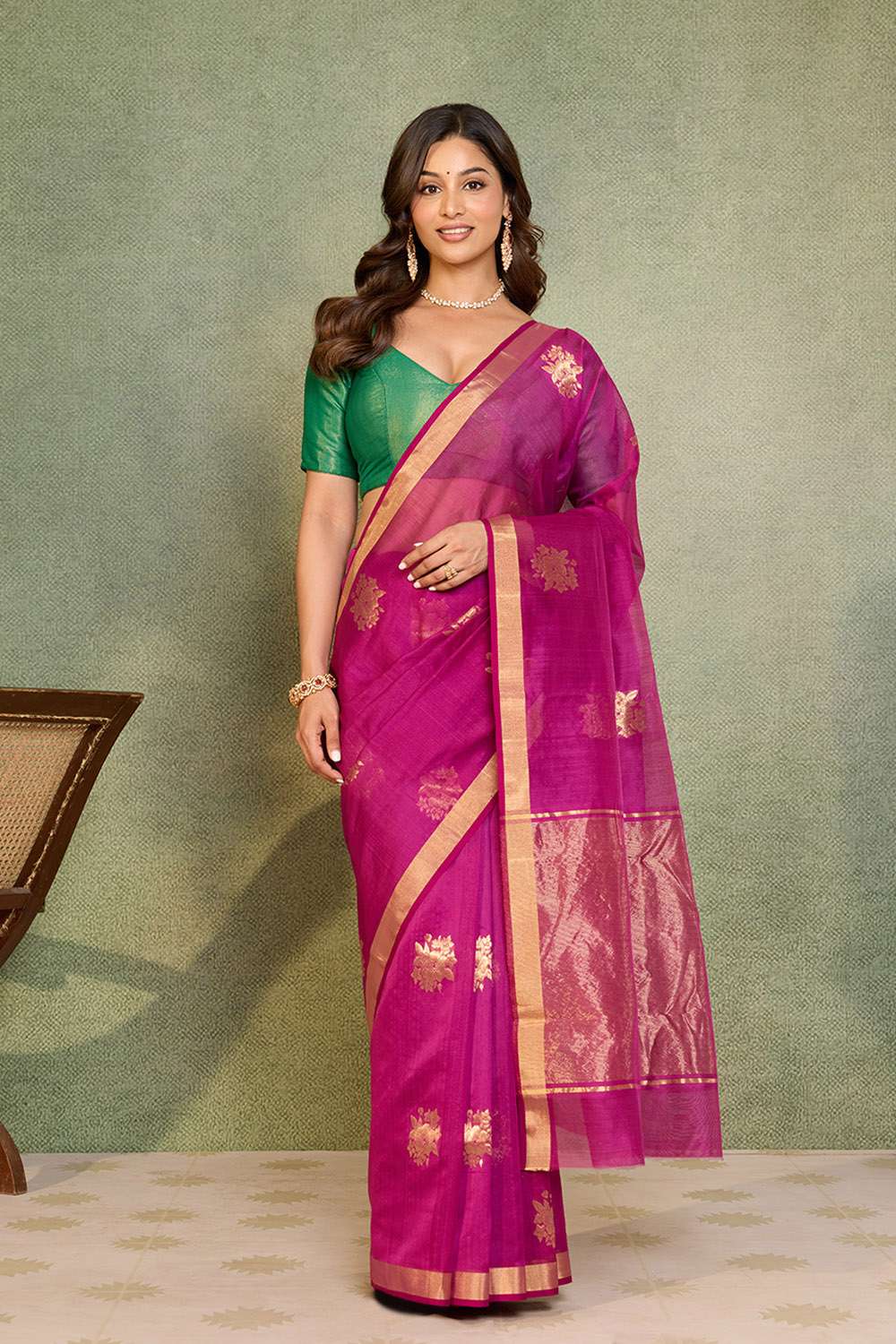 Dark Pink Woven Pure Silk Cotton Chanderi Saree image number null