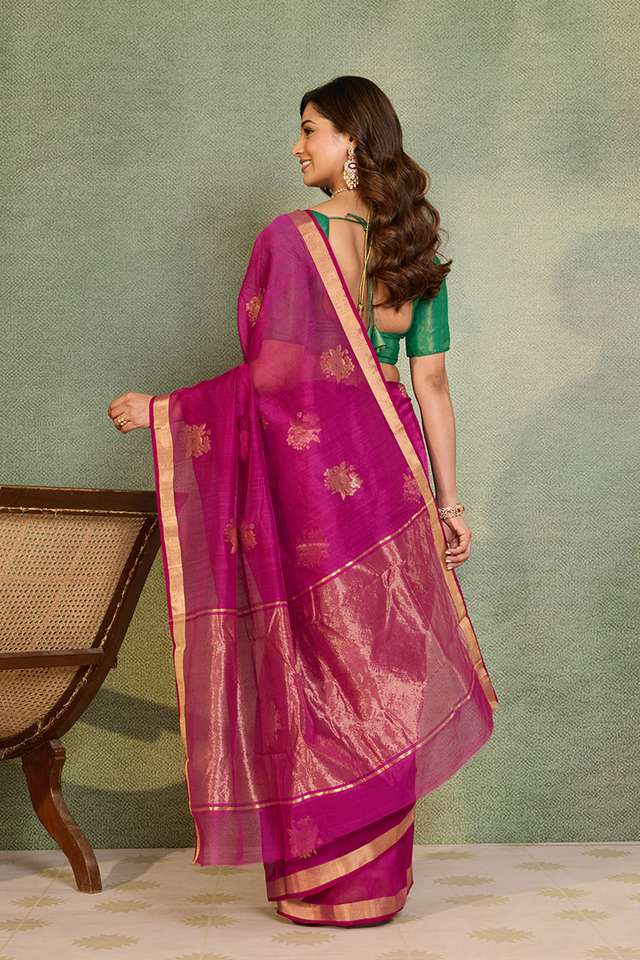 Dark Pink Woven Pure Silk Cotton Chanderi Saree thumbnail image number null